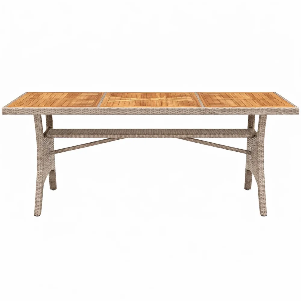 Tavolo da Giardino in Polyrattan con Ripiano in Legno di Acacia Regolabile