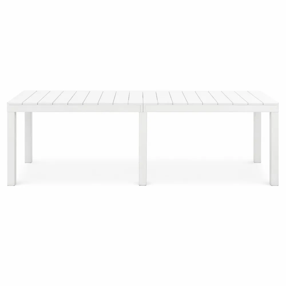 Tavolo da giardino rettangolare in plastica per 6 persone, facile da assemblare, resistente alle intemperie, con foro ombrellone