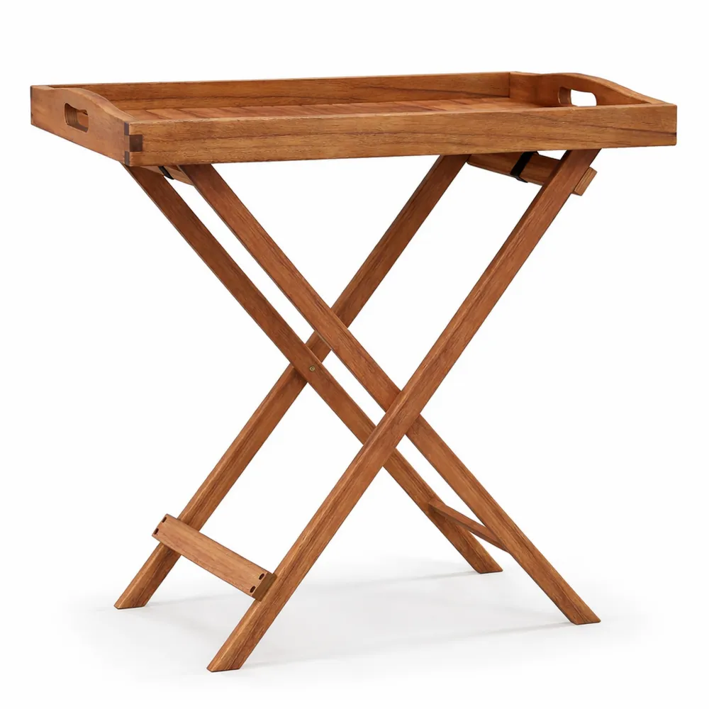 Tavolino Pieghevole in Legno d'Acacia con Vassoio Rimovibile