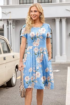 Zeagoo Women's Casual A-Line Dresses with Pockets Summer Floral Tshirt Dress Short Sleeve Mini Dress Flowy Sundresses