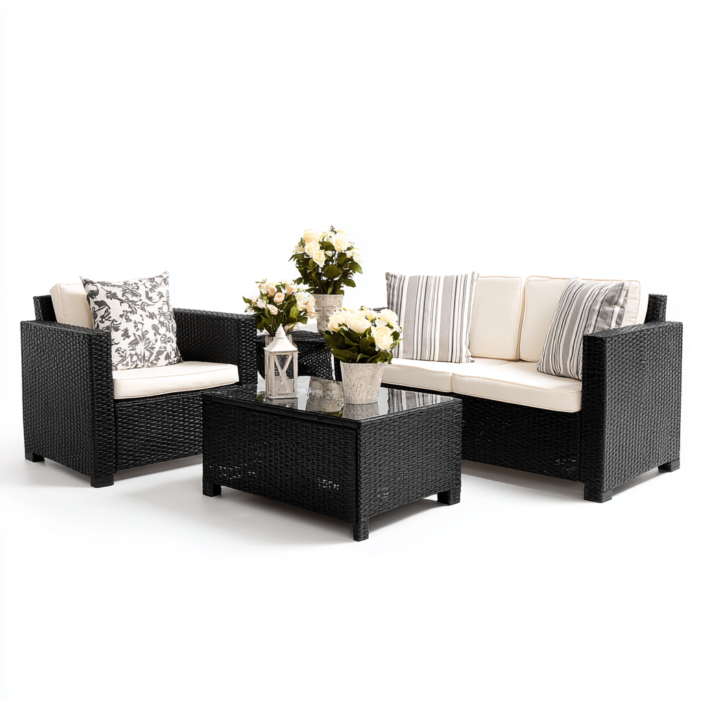 Gartensofa Rattanrahmen Stoffpolster 135X75X80 Cm - Schwarz-Beige - Für Garten - Modernes Design-Nookmymart