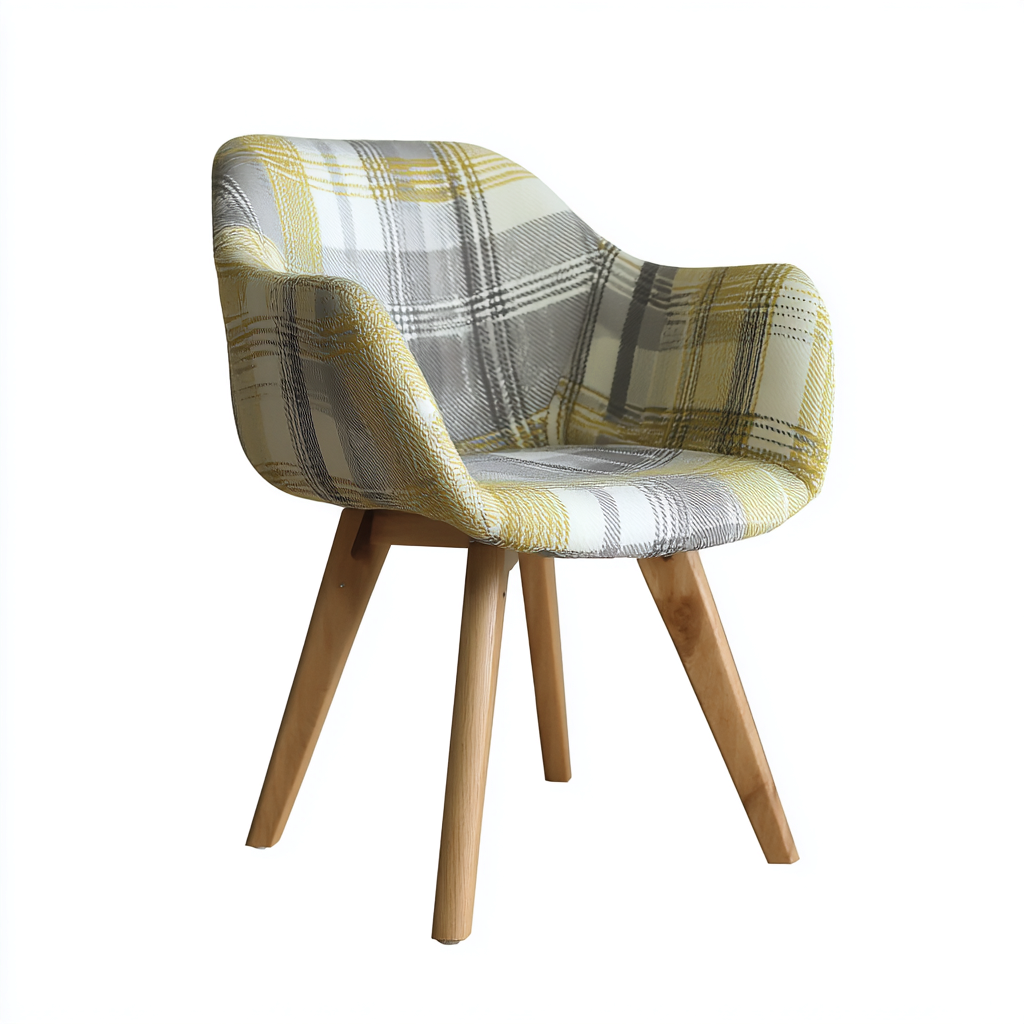 Esszimmerstuhl Stoffgepolstert Holzbeine 55X58X82 Cm Gelb-Grau Kariertes Design-Nookmymart