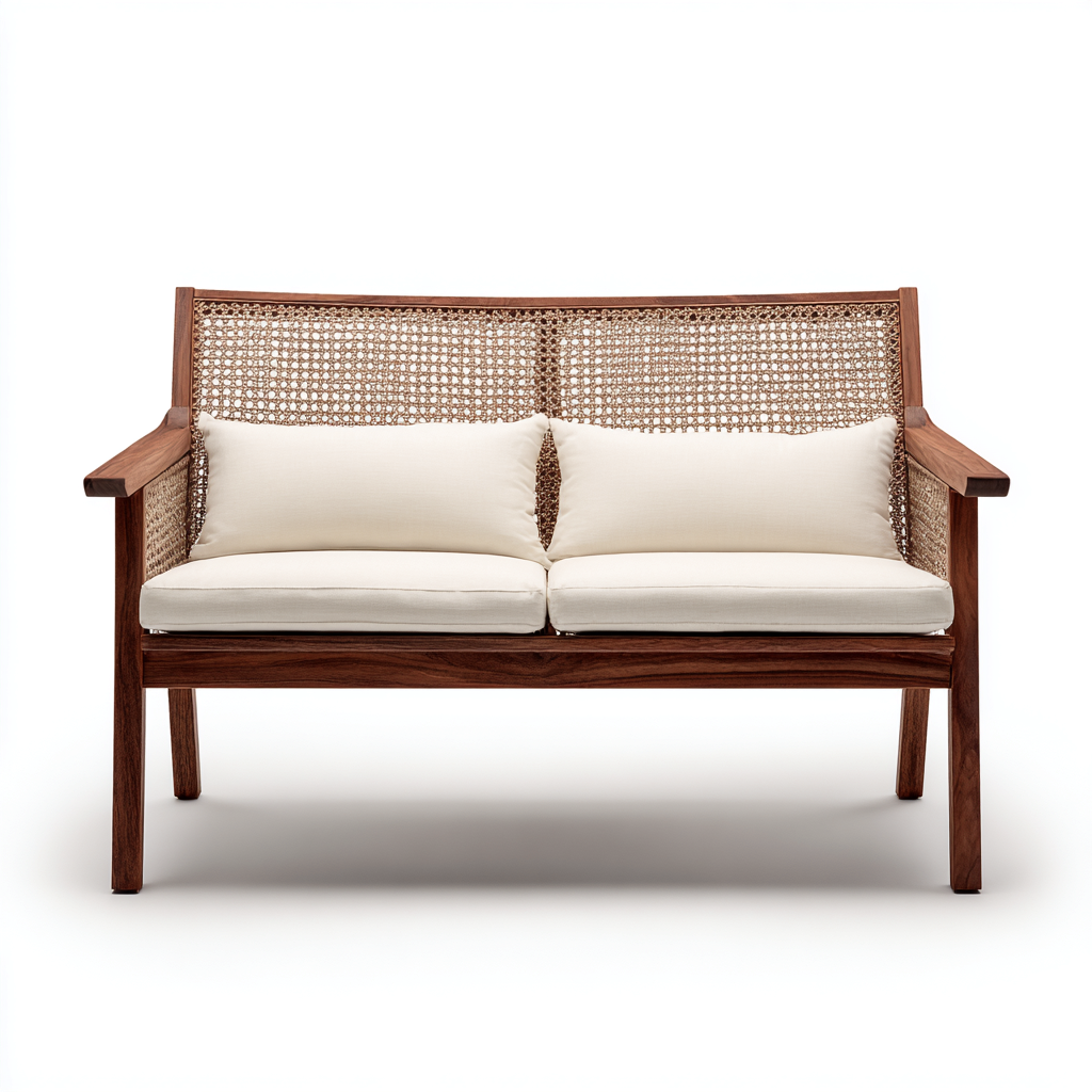 Gartensofa Rattangestell Holzrahmen Stoffpolster 150X78X90 Cm - Natur-Weiß - Modernes Design-Nookmymart