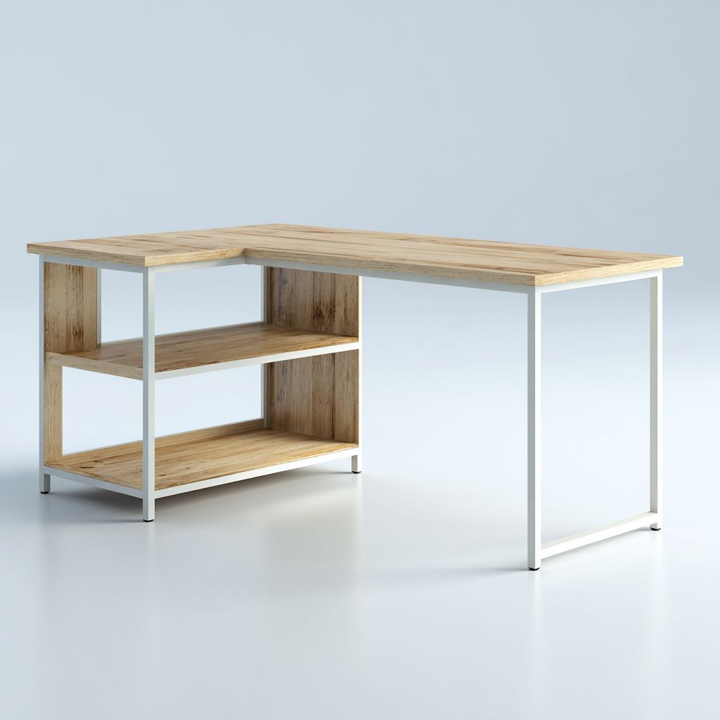 Schreibtisch L-Form Holz-Metall 140X120X75 Cm Natur-Weiß Mit Ablagefächern Modernes Design-Nookmymart
