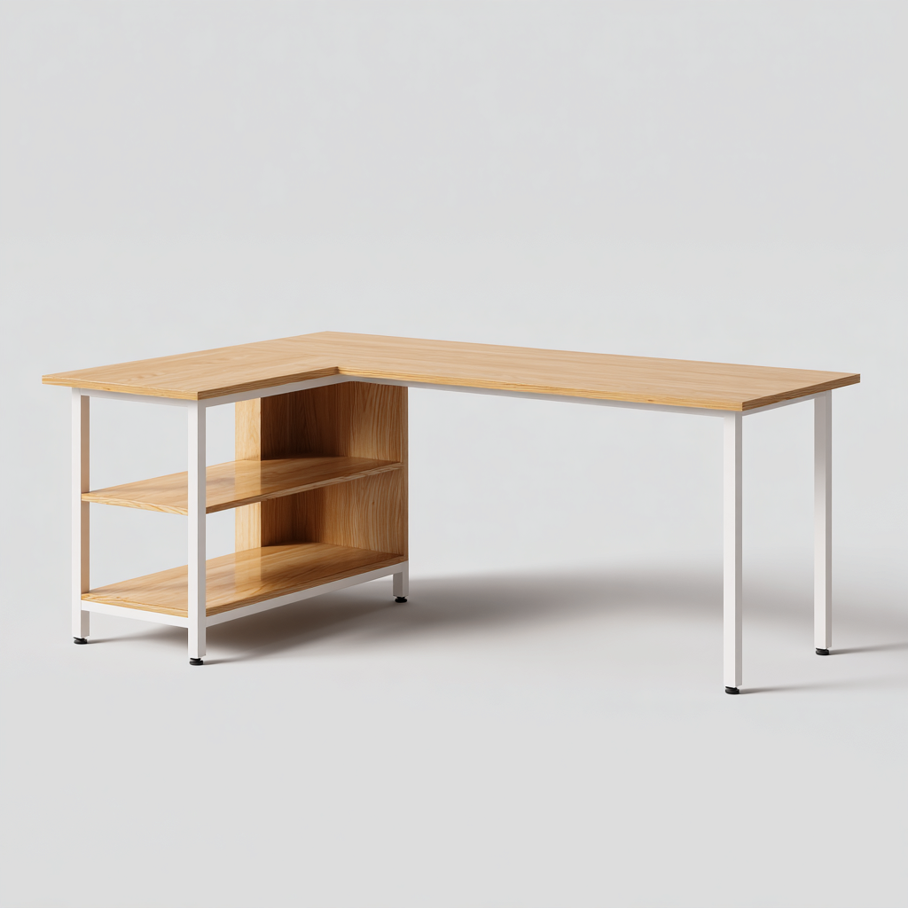 Schreibtisch L-Form Holz-Metall 140X120X75 Cm Natur-Weiß Mit Ablagefächern Modernes Design-Nookmymart