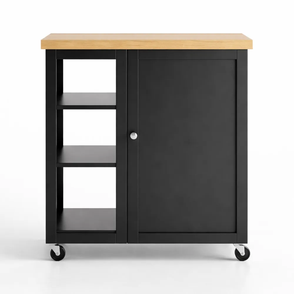 Chariot de Cuisine Noir avec Étagère Latérale et Roulettes