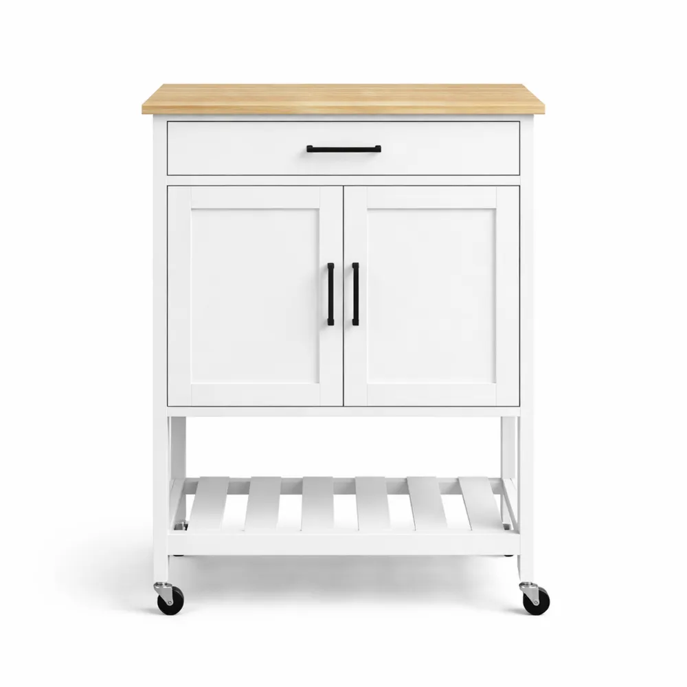 Chariot de cuisine blanc avec plateau en bois et rangement pratique
