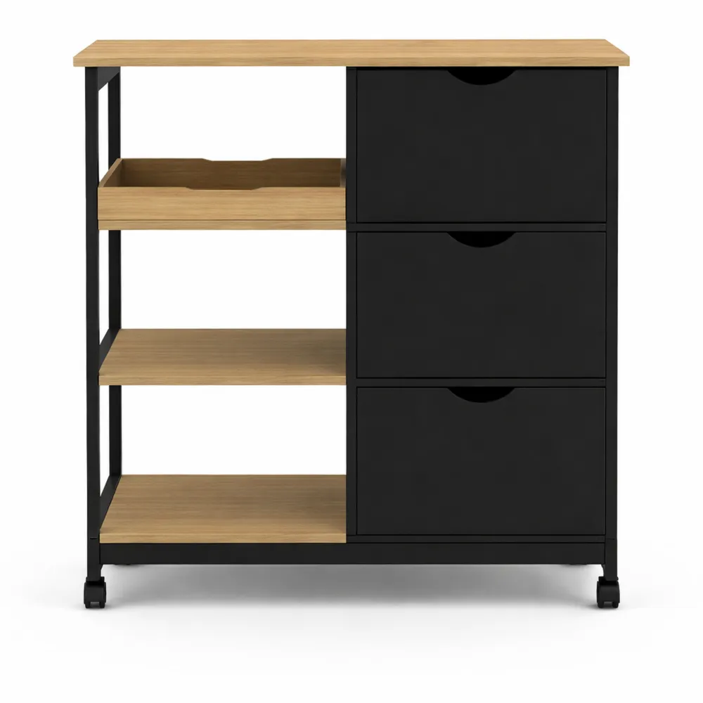 Chariot de cuisine avec paniers et plateau amovible, noir et effet hêtre, 76 cm