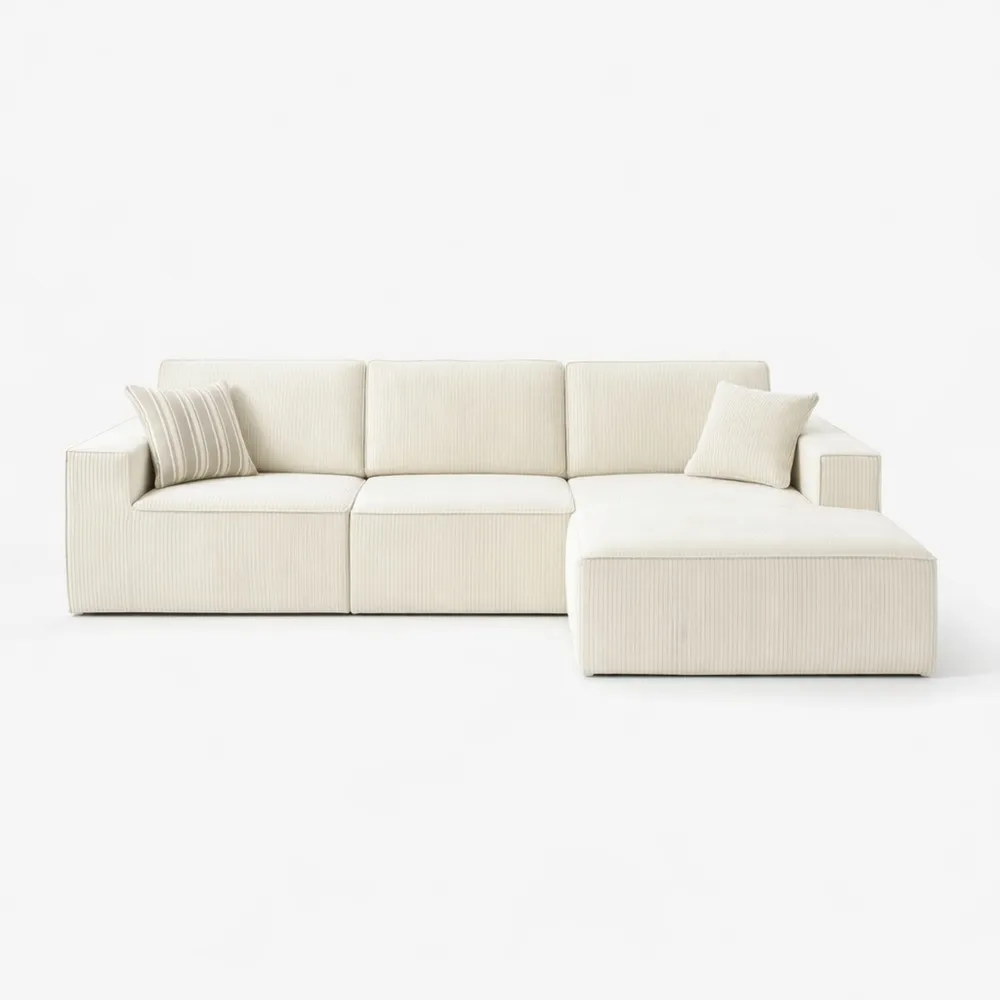 Canapé d'angle convertible en velours côtelé - 3 places - Beige