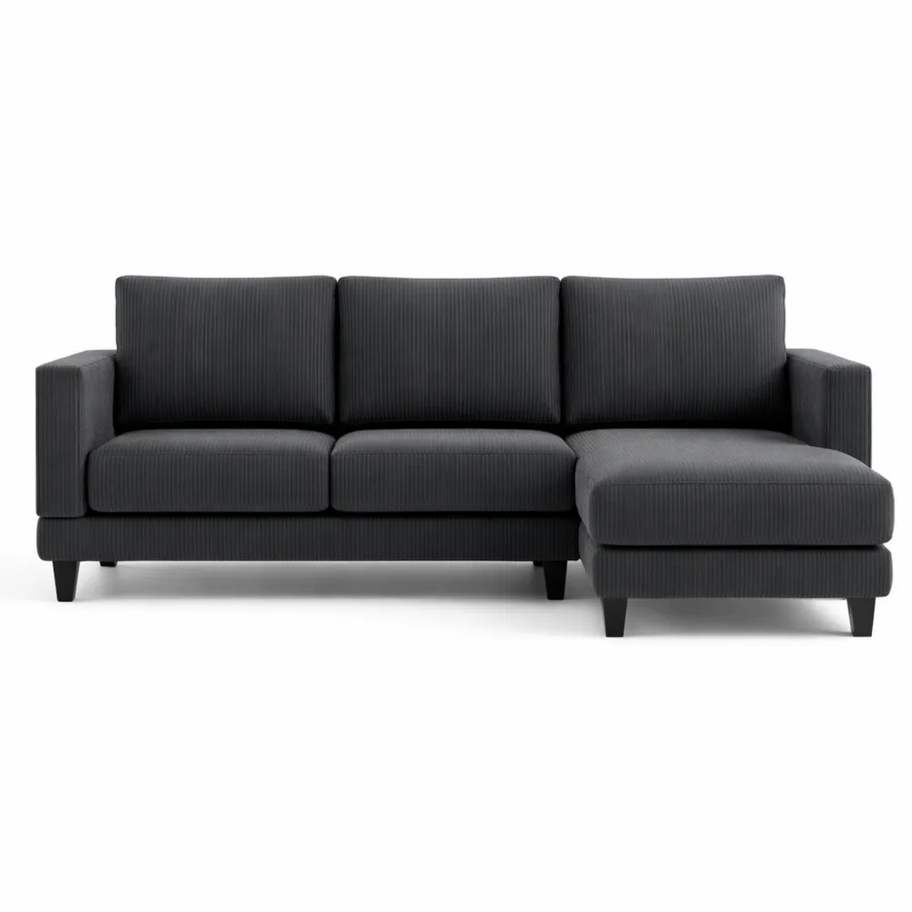 Canapé d'angle moderne en velours côtelé pour salon, 3 places avec méridienne et coussins confortables, capacité 400 kg, gris foncé