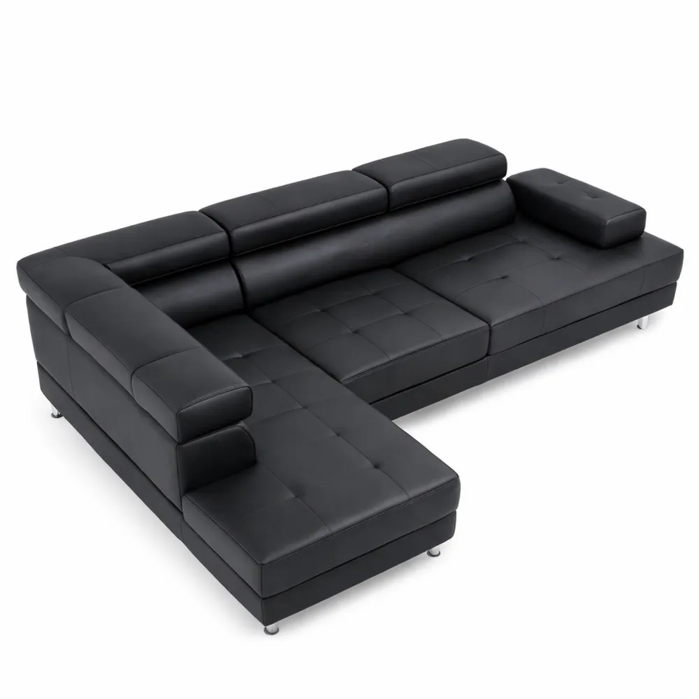Canapé d'angle gauche avec têtières ajustables en simili cuir noir