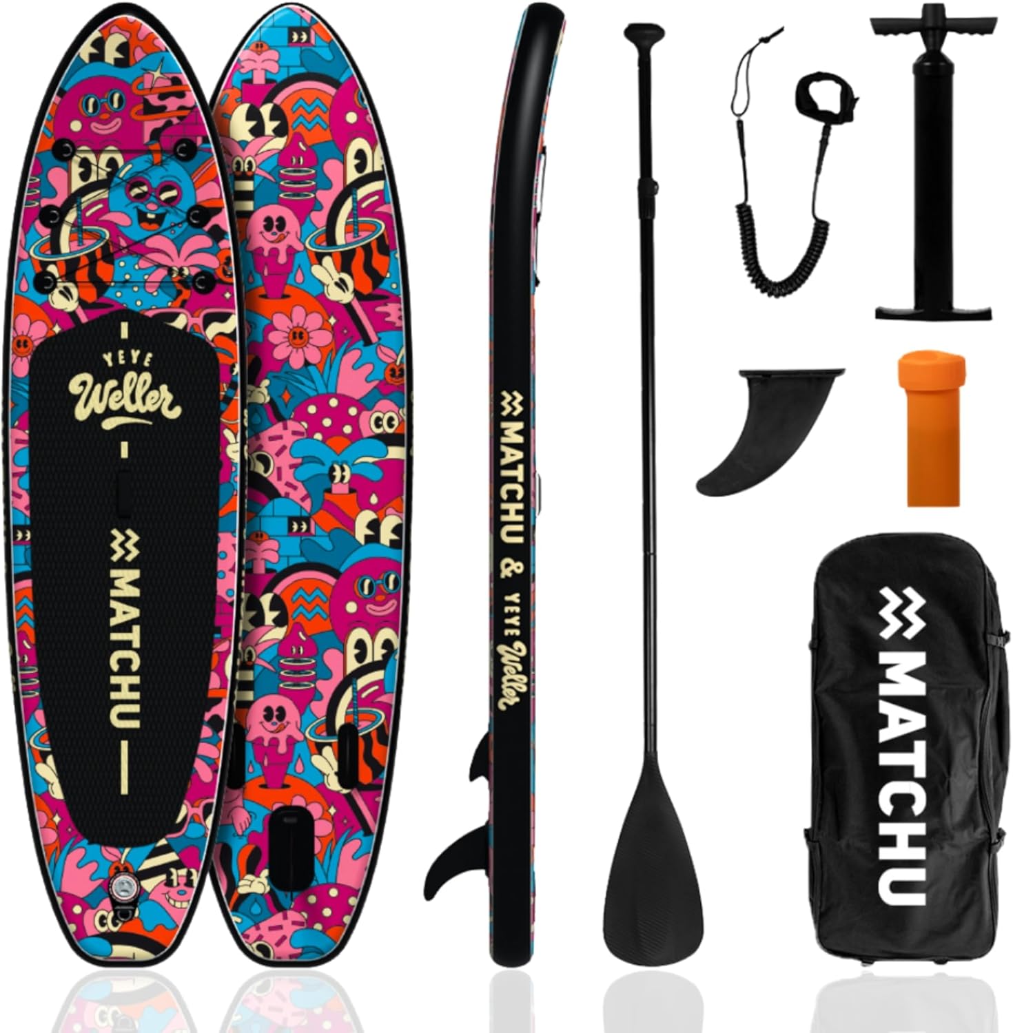 MATCHU aufblasbares SUP Board Limited Edition 320 x 81 x 15 cm, Paddelbrett Komplettset Art Collection mit Zertifikat, bis 150 kg belastbar, Blau Lila-Cozygobay