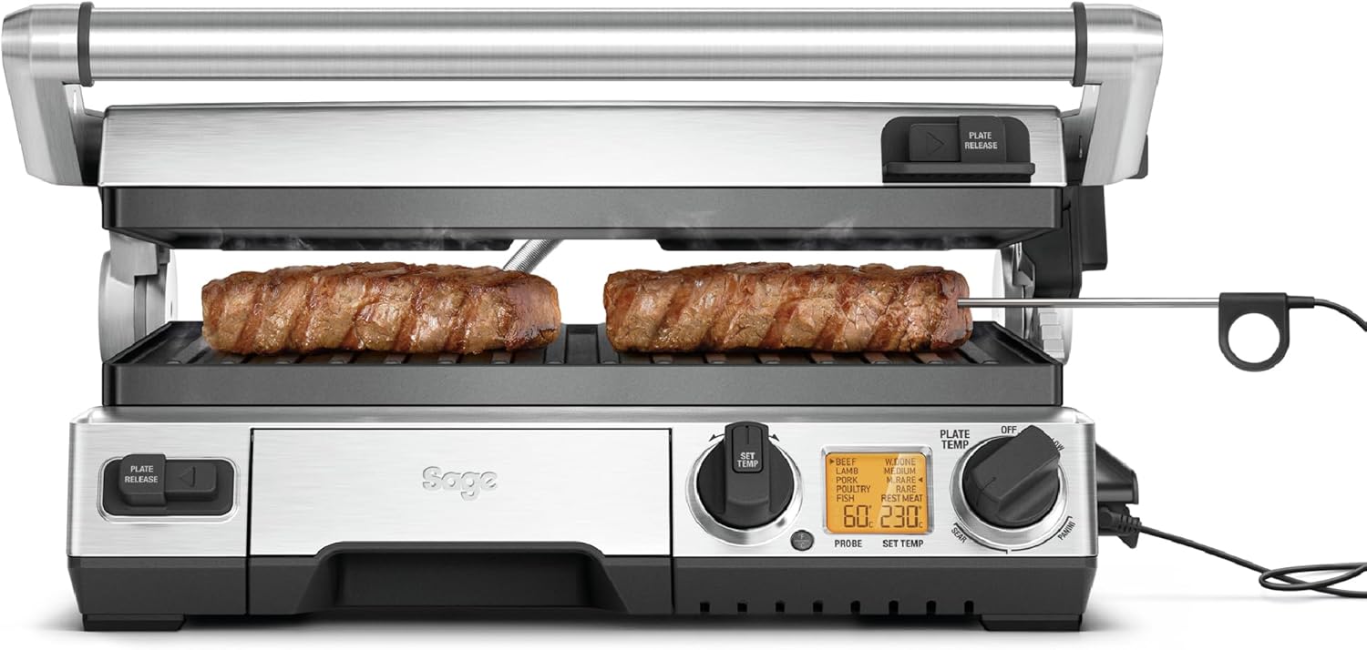 Sage The Smart Grill Pro Kontaktgrill Elektrogrill 2400 W mit Temperaturfühler, abnehmbare Grillplatten, Indoor und Outdoor Grill, gebürsteter Edelstahl-Cozygobay
