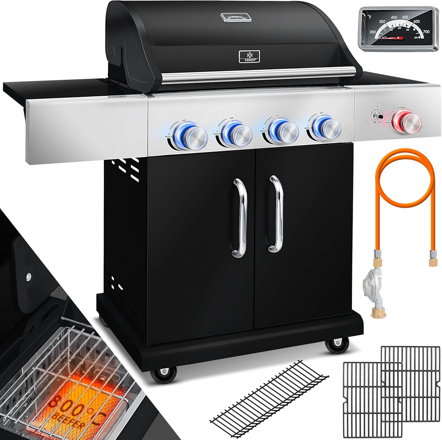 KESSER Gasgrill BBQ Grillwagen Edelstahl mit 4 Brennern, Infrarot Keramik-Seitenbrenner bis 800°C, Piezo-Zündung, Gusseisen-Grillrost 66 cm, Grillthermometer und Gas-Schlauch, Schwarz-Cozygobay
