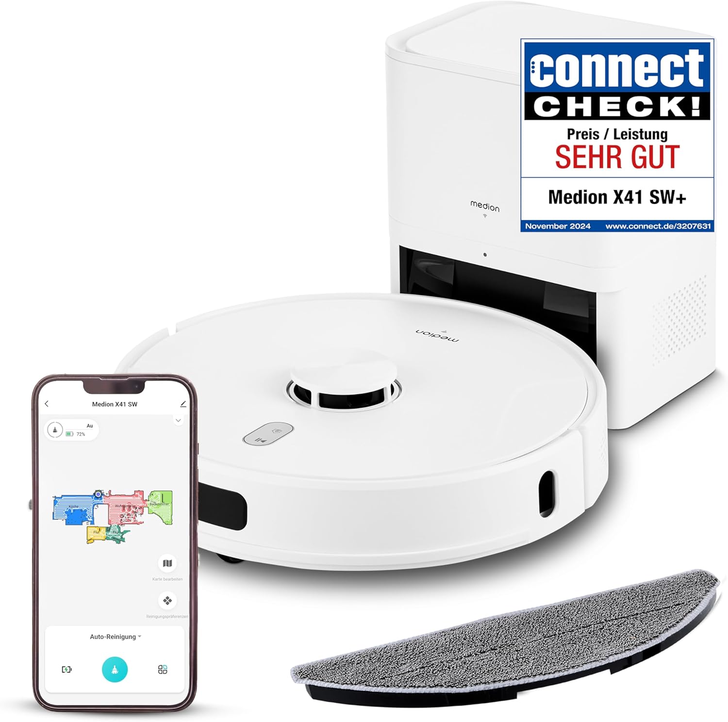 MEDION Saugroboter mit Absaugstation und Wischfunktion X41 SW 8000 Pa Lasernavigation 2 in 1 Roboterstaubsauger präzise Kartenerstellung Go und No Go Bereiche mehrere Etagen Weiß für Hartboden-Cozygobay
