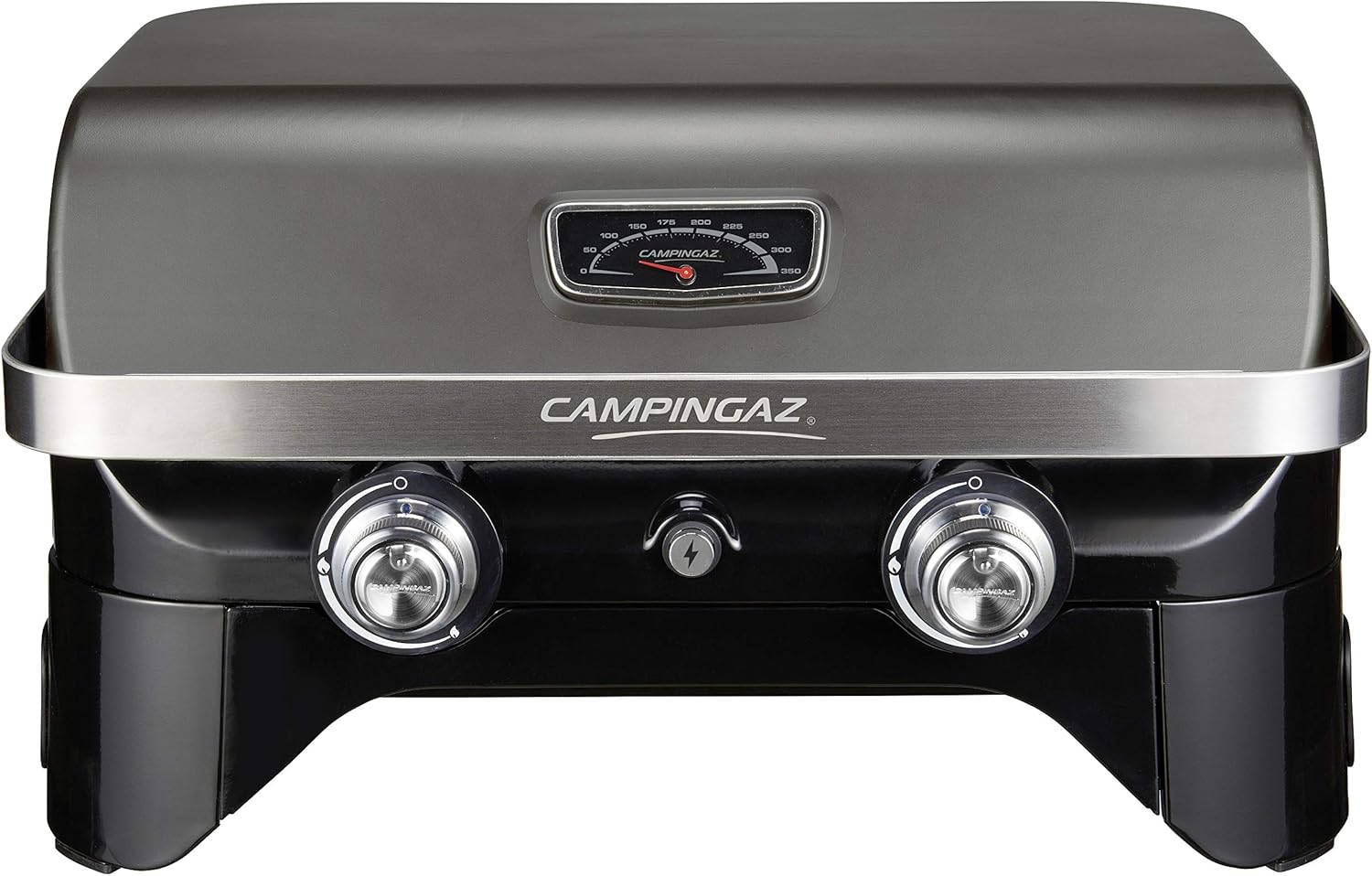 Campingaz Attitude 2100 LX Tischgrill tragbarer Gasgrill mit 2 Stahlbrennern, 5 kW, Thermometer, Gusseisenrost und Grillplatte, Grau Schwarz-Cozygobay