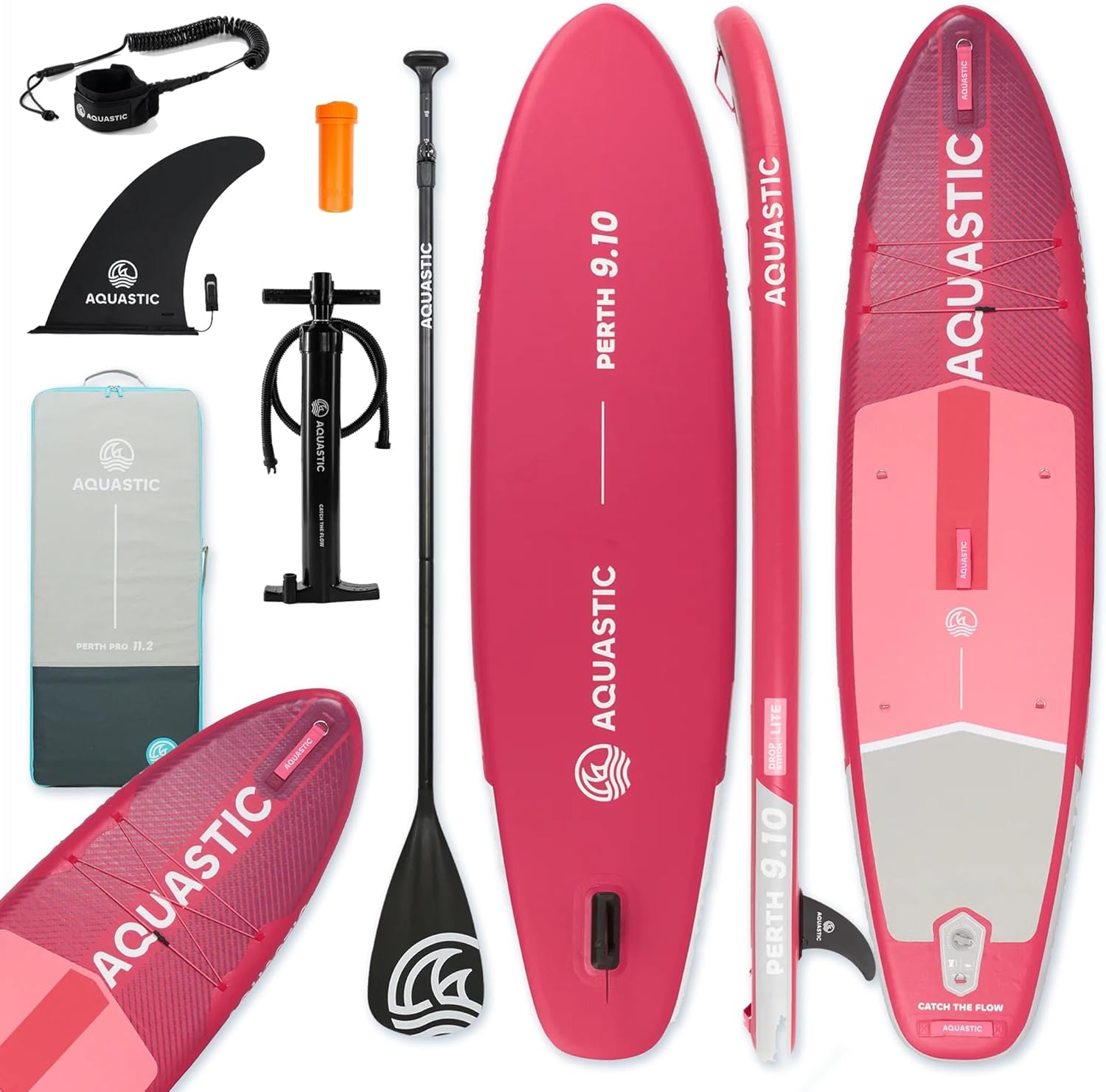 AQUASTIC Perth 9.10 Zoll aufblasbares SUP Board Allround 300 x 76 x 12 cm mit Drop Stitch LITE Technologie, 320 L Volumen, bis 100 kg belastbar Rosa-Cozygobay