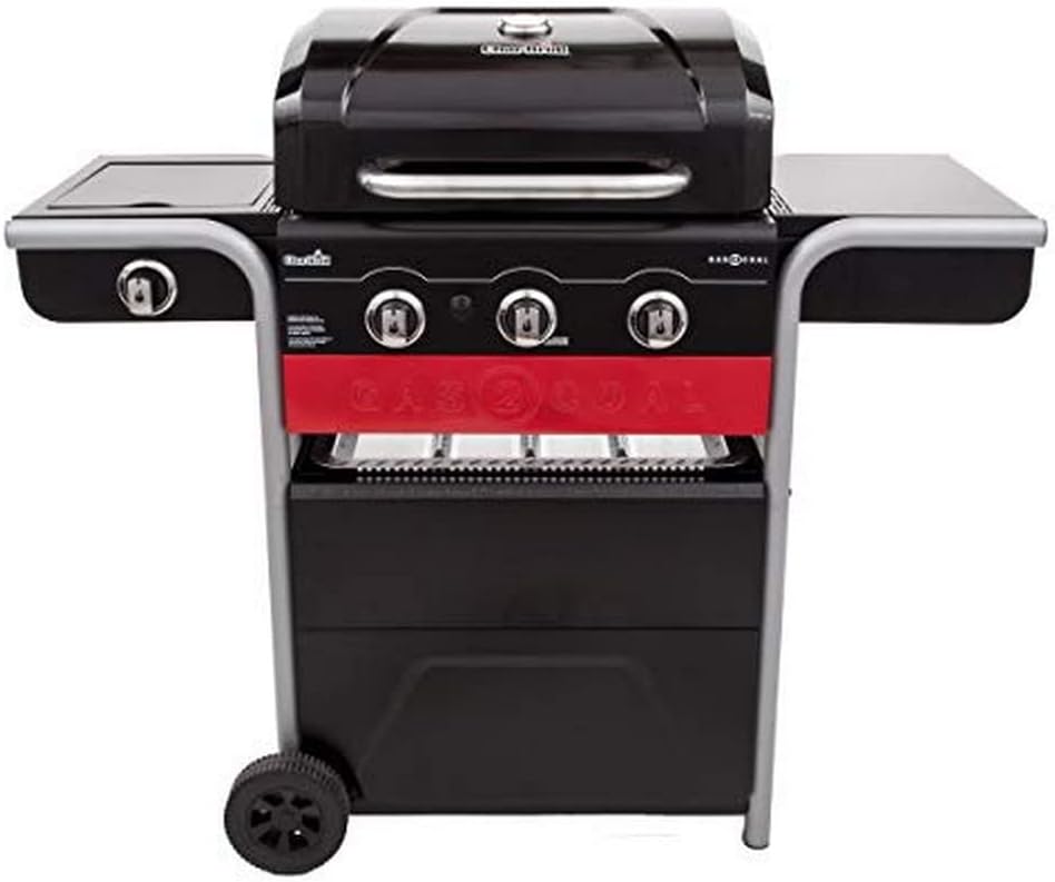Char-Broil Gas2Coal 330 Hybrid Grill Gas und Holzkohlegrill 3 Brenner Seitenbrenner BBQ Grillwagen für Garten Terrasse Schwarz-Cozygobay