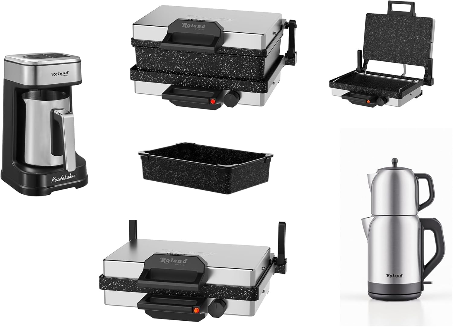 Roland Germany Kontaktgrill Multigrill Granit 4in1 Set 2000W mit Kasserolle, Teekocher und Mokkamaschine, Edelstahl Kontaktgrill mit Deckel-Cozygobay