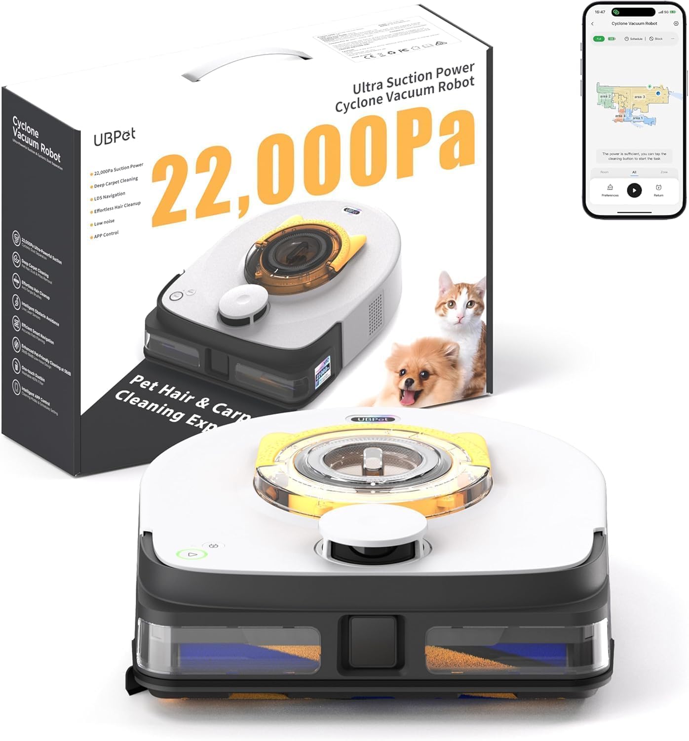 UBPET V10 Saugroboter 22000Pa Saugkraft für Tierhaare LiDAR Navigation Zyklon Staubsauger Roboter WiFi App Steuerung Selbstaufladend für Teppich Böden Gräulich-Weiß-Cozygobay