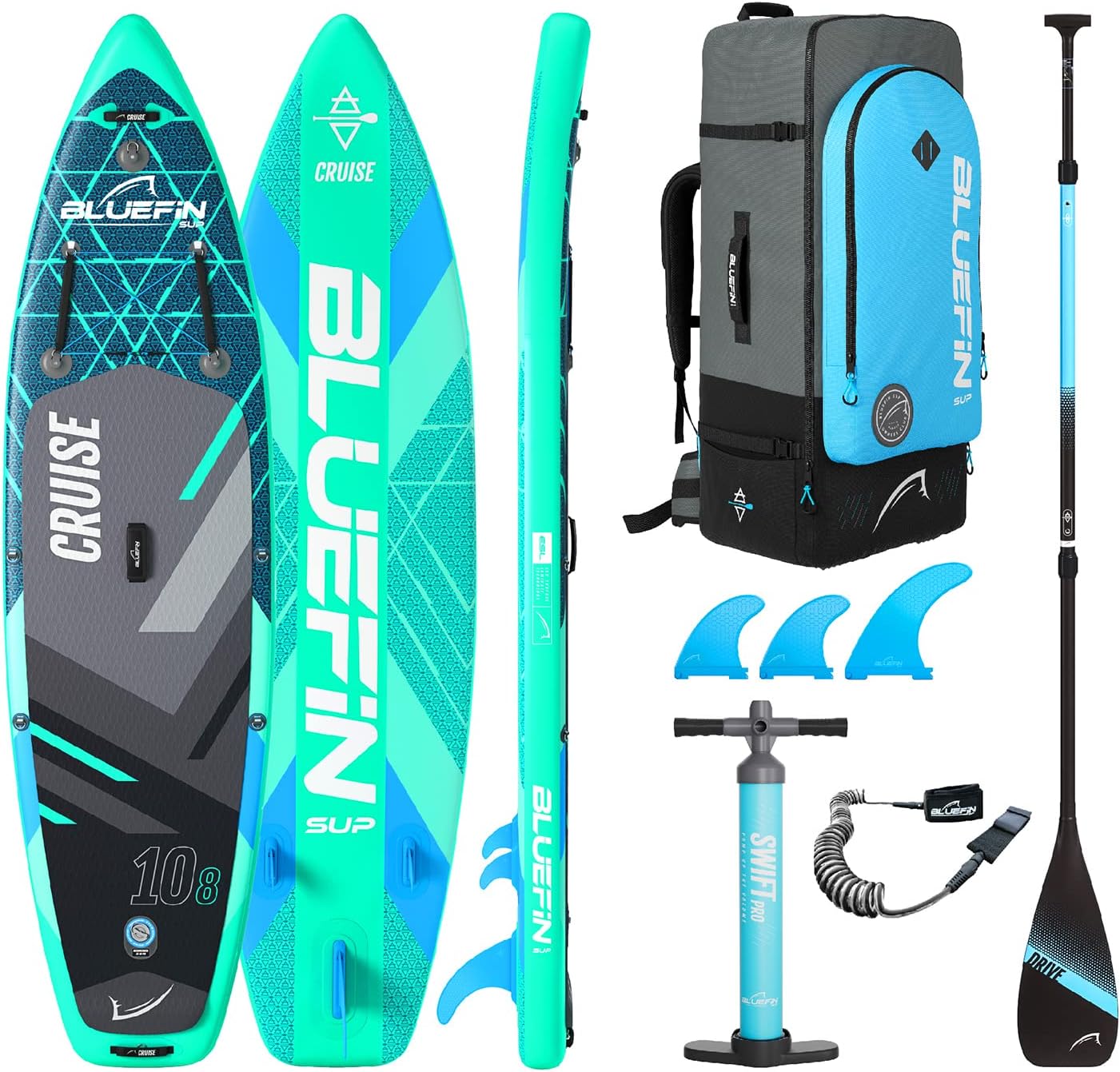 Bluefin Cruise 10'8 Gecko Blau aufblasbares Stand Up Paddle Board, Premium SUP Board aus ESL Material für Freizeit und Touring-Cozygobay