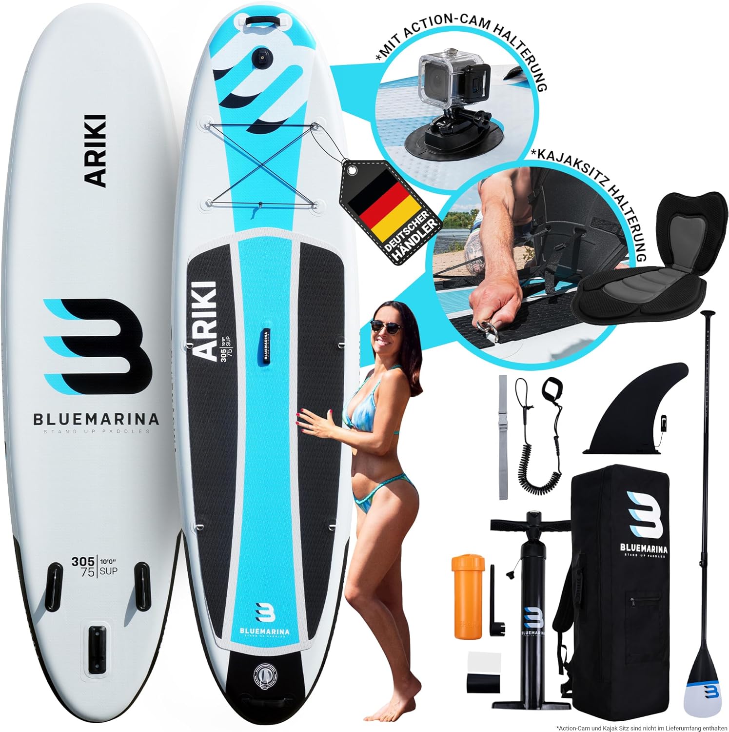 Bluemarina Ariki Stand Up Paddle Board aufblasbar SUP Board 305 x 76 x 13,5 cm oder 325 x 86 x 16,5 cm mit 5 Jahre Garantie, stabiles Surfbrett für Freizeit und Touring-Cozygobay