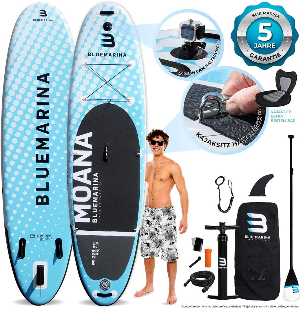 Bluemarina Moana Stand Up Paddle Board aufblasbar SUP Board 305 x 75 x 15 cm bis 130 kg oder 325 x 85 x 15 cm bis 180 kg, 5 Jahre Garantie Surfbrett für Wassersport-Cozygobay