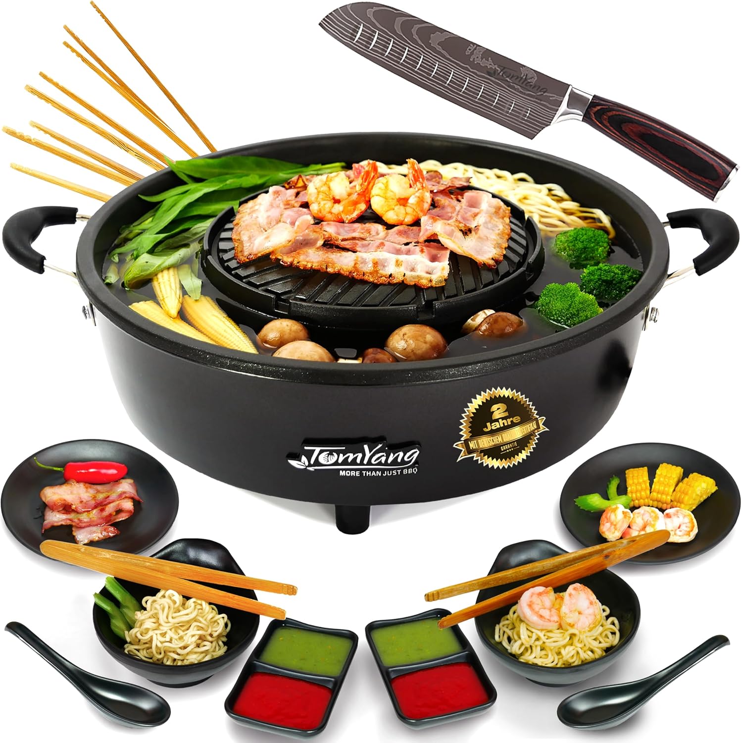 Elektrischer Hot Pot Tischgrill mit Premium Zubehör für Thai Grill und Korean BBQ, Elektrogrill mit Santoku Messer, 6 Grillzangen und Asia Fondue Geschirr-Cozygobay