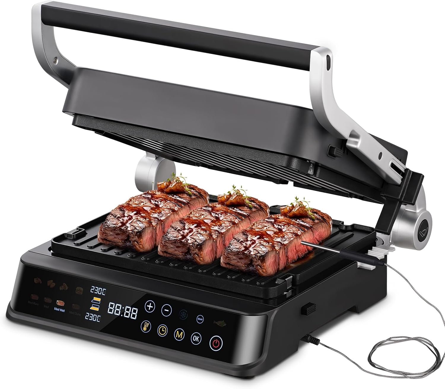 AMZCHEF XL Kontaktgrill 4-in-1 Elektrogrill 2000 W mit Temperatursensor, GrillBoost 280 °C und 4 wechselbaren Antihaft-Platten für Steak, Waffeln, Sandwiches und Pfannkuchen-Cozygobay