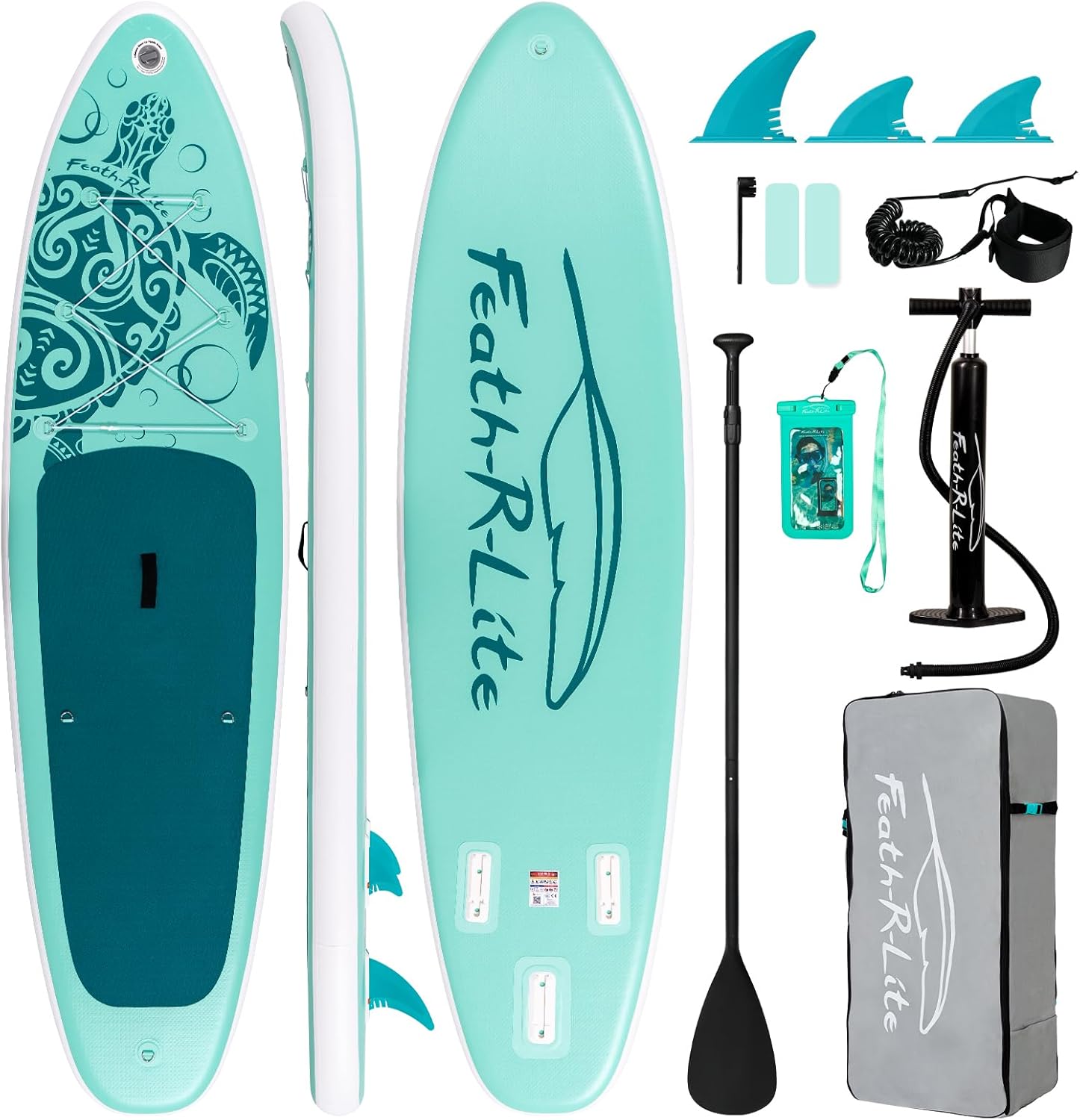 FEATH R LITE aufblasbares Stand Up Paddle Board ultraleicht 3 m SUP Komplett Set mit verstellbarem Paddel, Pumpe, Rucksack, Leine und Flossen für alle Könnensstufen Meeresschildkröte Blaugrün-Cozygobay