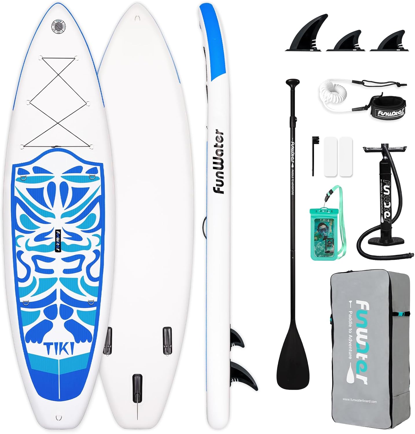 FunWater SUP Board 10.6 bis 11.6 Zoll aufblasbares Stand Up Paddle Board Set für Anfänger und Familien mit Anti Rutsch EVA Deck, Paddel, Pumpe und komplettem Zubehör blau weiß-Cozygobay