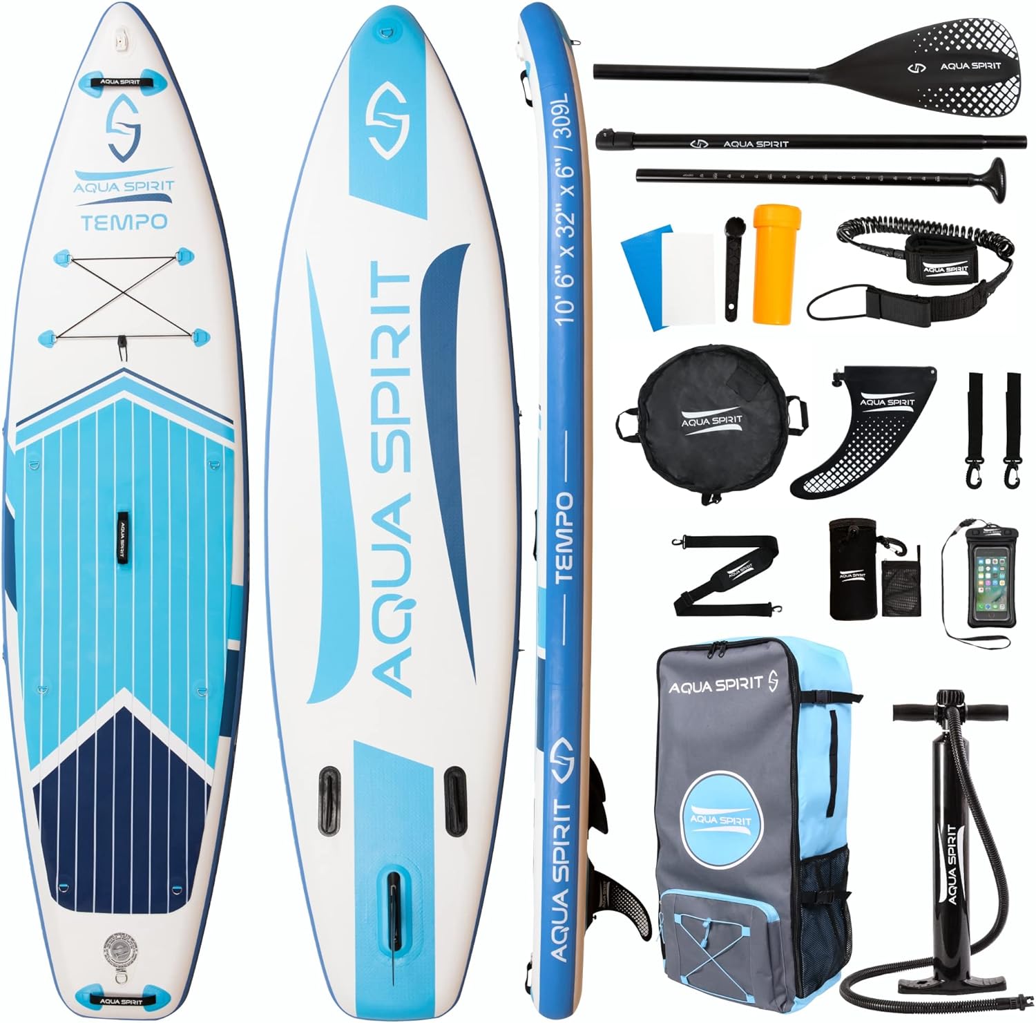Aqua Spirit SUP Tempo aufblasbares Stand Up Paddle Board Komplett Set 320 x 81 x 15 cm für Erwachsene, Anfänger und Fortgeschrittene, mit Rucksack, Leine, Paddel, Wickelauflage und 2 Jahre Garantie-Cozygobay