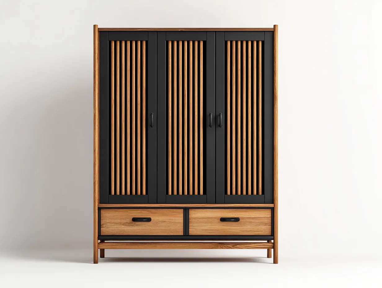 Kleiderschrank-Holz-Holzwerkstoff-150x60x200 cm-Schwarz-Natur-Skandinavisch-Cozygobay