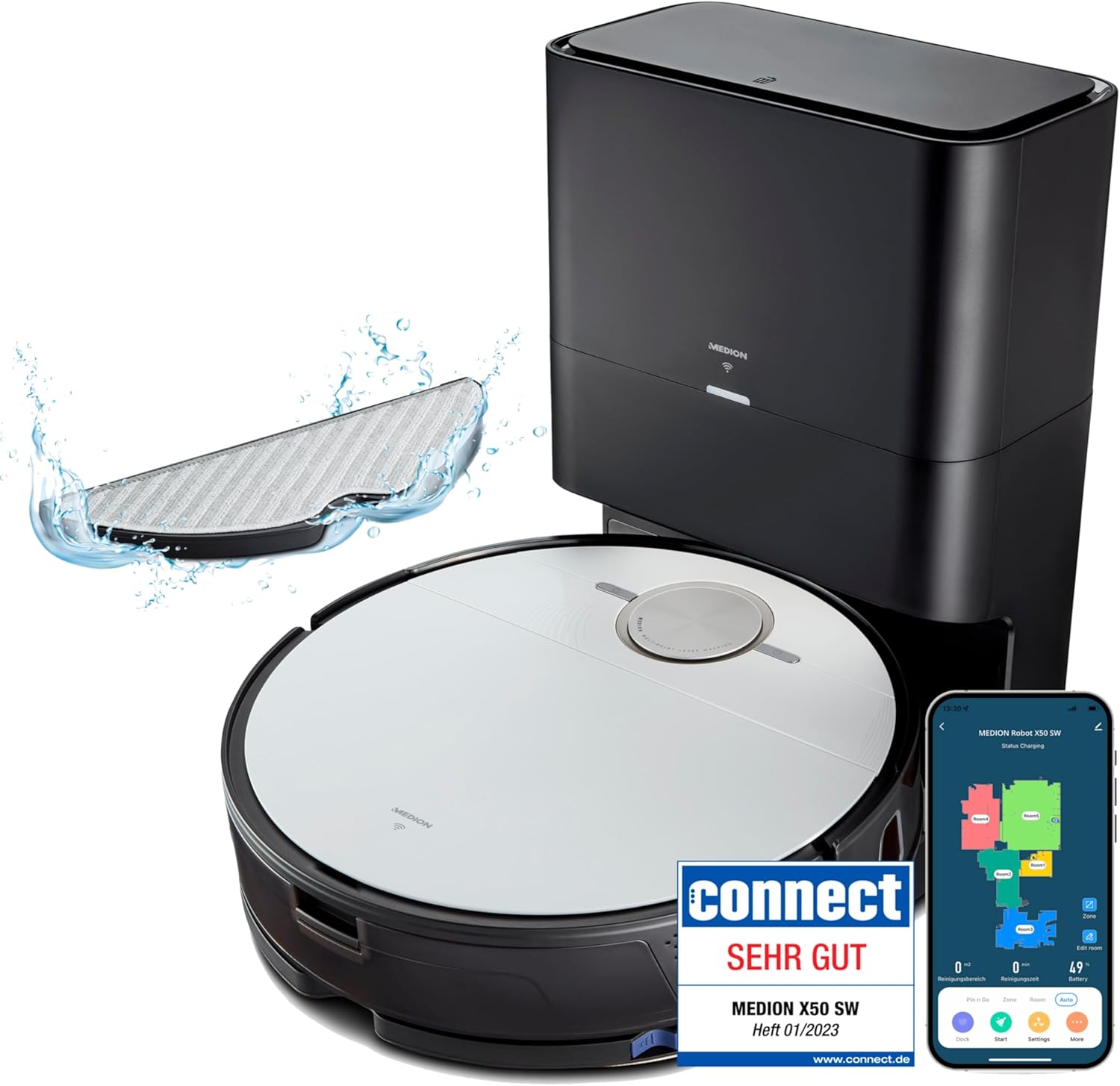 MEDION MD20004 Saugroboter mit Absaugstation und Wischfunktion 8000Pa Saugkraft Lasernavigation Kartenerstellung Go NoGo Bereiche Multi-Etagen für Hartboden Teppich Weiß-Cozygobay
