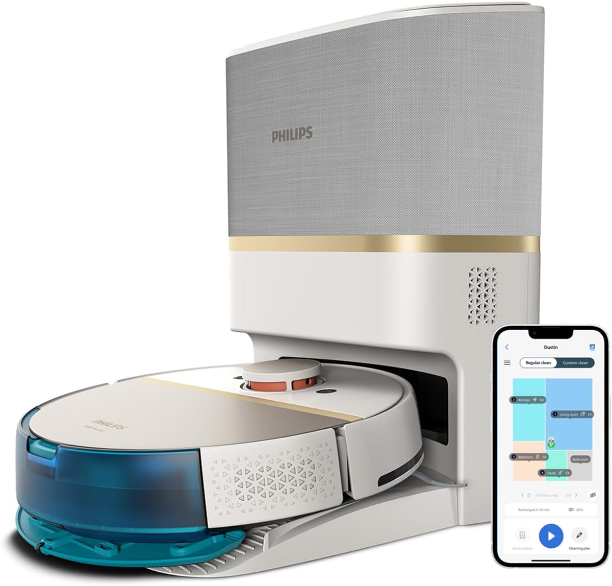 Philips Homerun Serie 7000 XU7100/02 Saug-Wischroboter mit Saugstation 5000Pa 360 Grad LiDAR Navigation 180Min Laufzeit 185m2 Abdeckung App Steuerung für Teppiche Tierhaare Weiß-Cozygobay