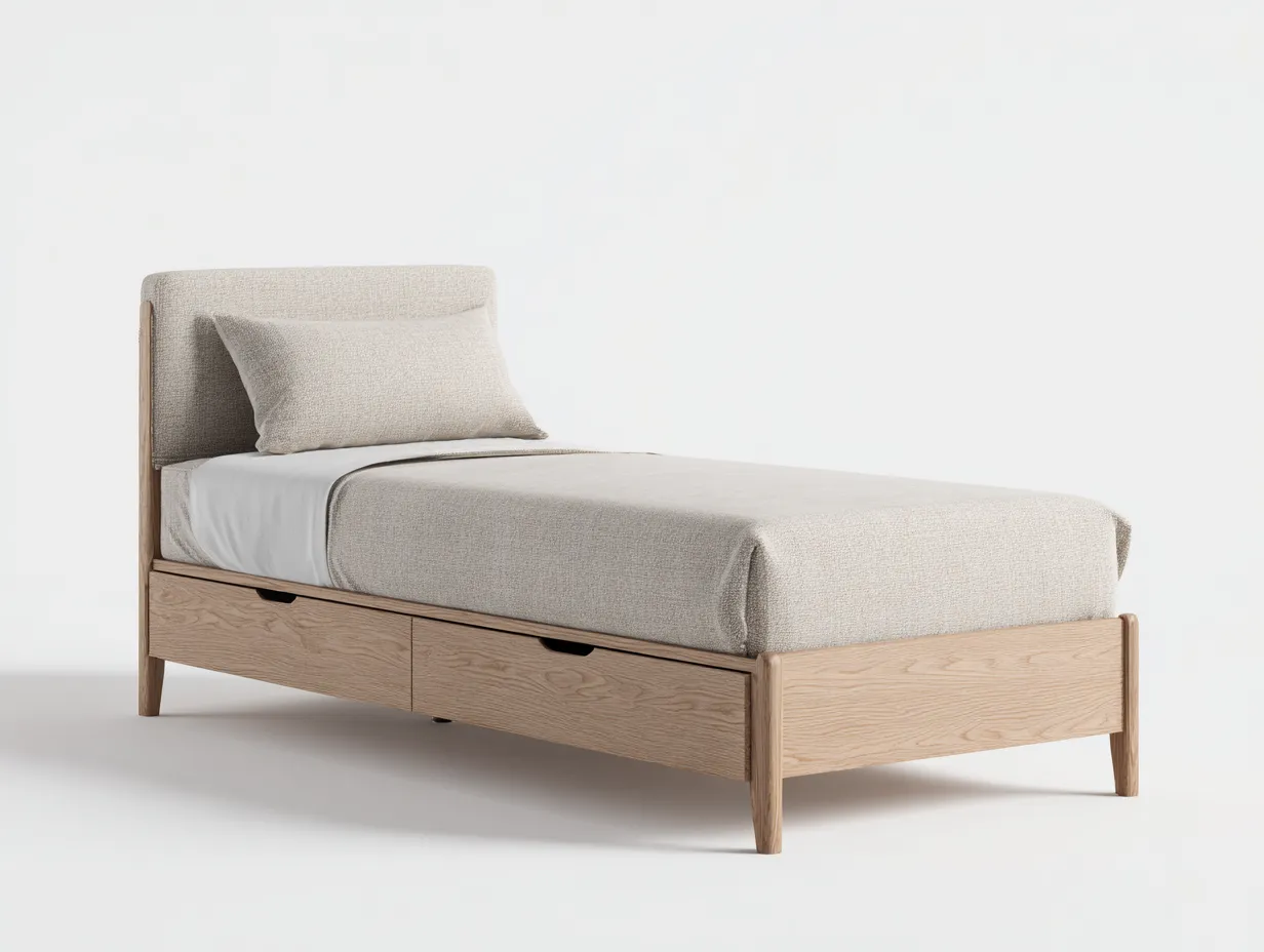 Einzelbett-Holz-Stoff-207x101x108 cm-Beige-Skandinavisch-Cozygobay
