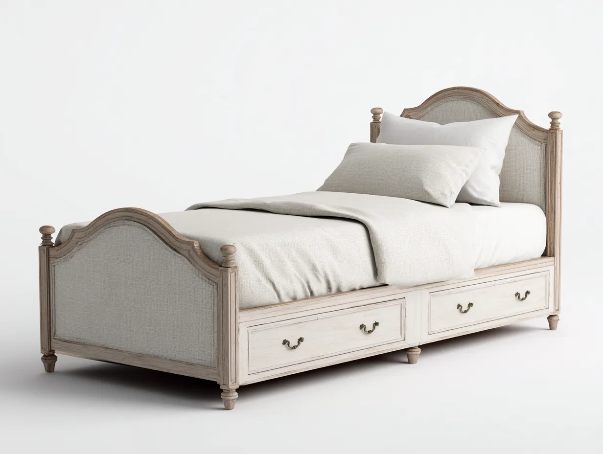 Einzelbett-Holz-Stoff-208x100x112 cm-Beige-Landhausstil-Cozygobay