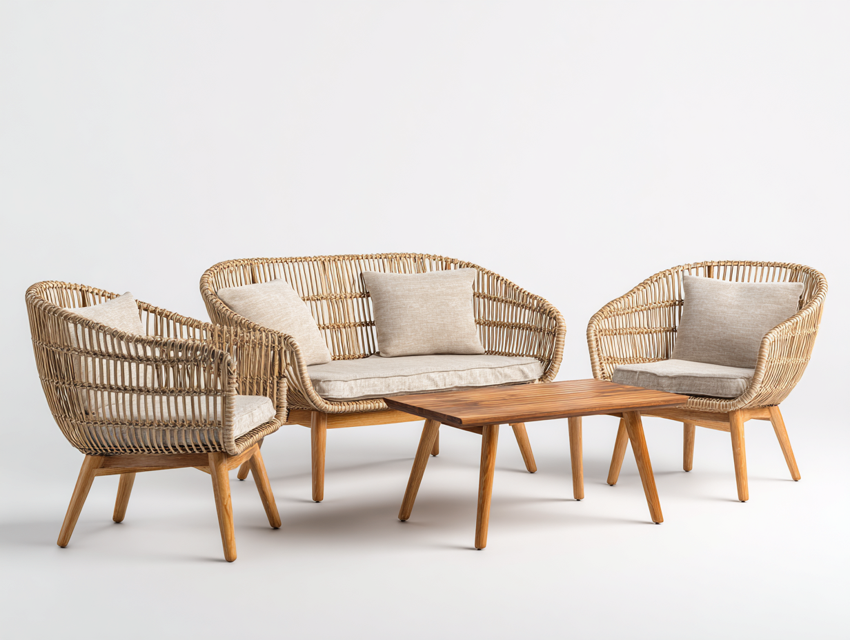 Conjunto de muebles de jardín ratán sintético y madera 120x60x40 cm - beige - estilo natural-Sofagohut