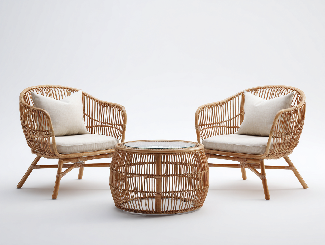 Conjunto de muebles de jardín de ratán natural con mesa redonda 78x70x80 cm color natural beige para terraza estilo natural-Sofagohut