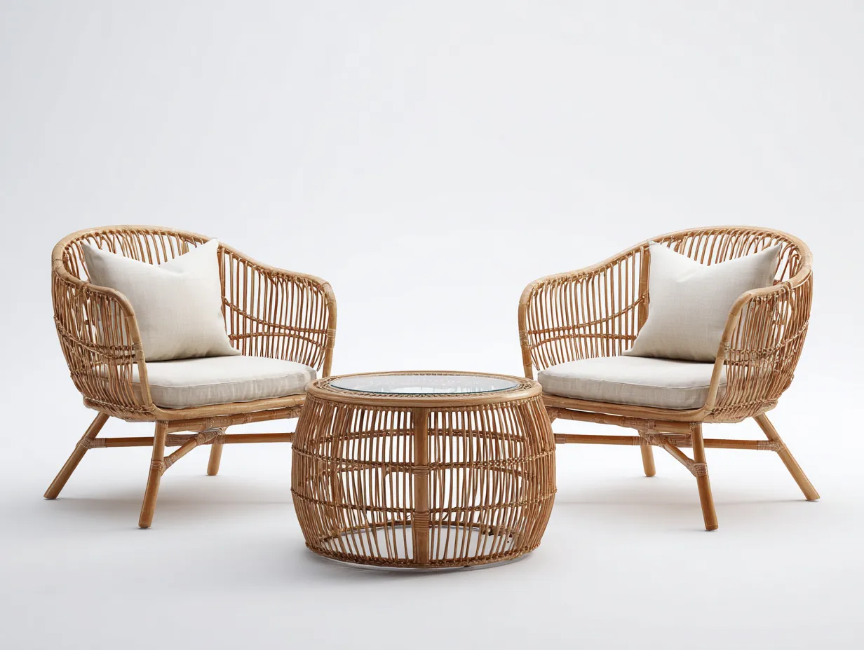 Conjunto de muebles de jardín de ratán natural con mesa redonda 78x70x80 cm color natural beige para terraza estilo natural-Sofagohut