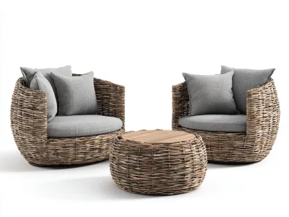 Conjunto de muebles de jardín ratán natural 3 piezas 85x80x75 cm gris - diseño moderno exterior-Sofagohut