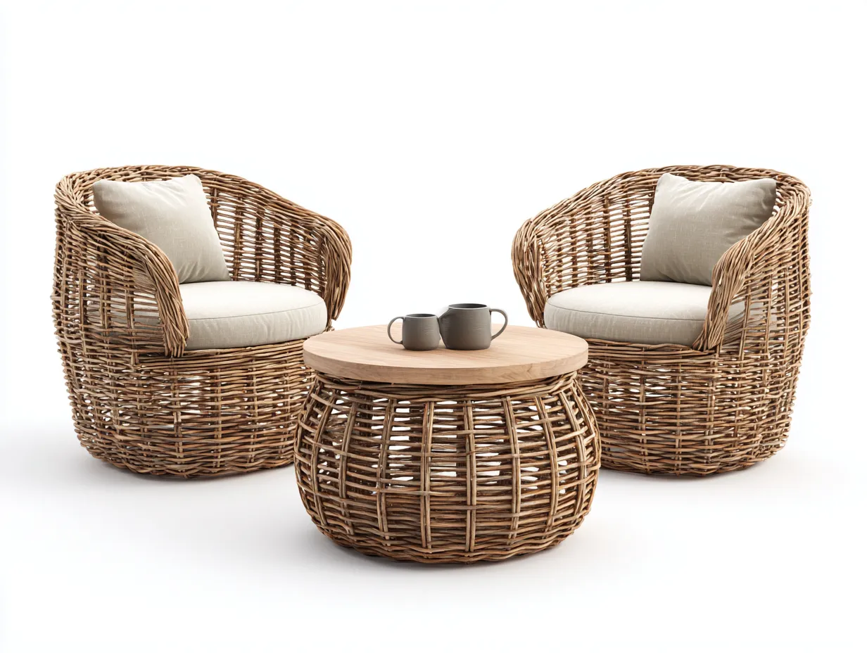 Conjunto de muebles de jardín de ratán y madera 70x70x45 cm - marrón y beige - diseño natural para terraza y balcón-Sofagohut