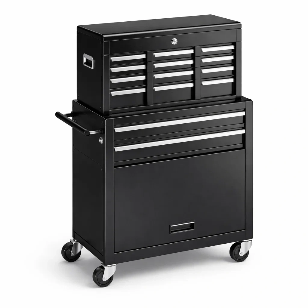 Werkzeugschrank aus Stahl Schwarz mit Schubladen und Rollen-NESTFLORA