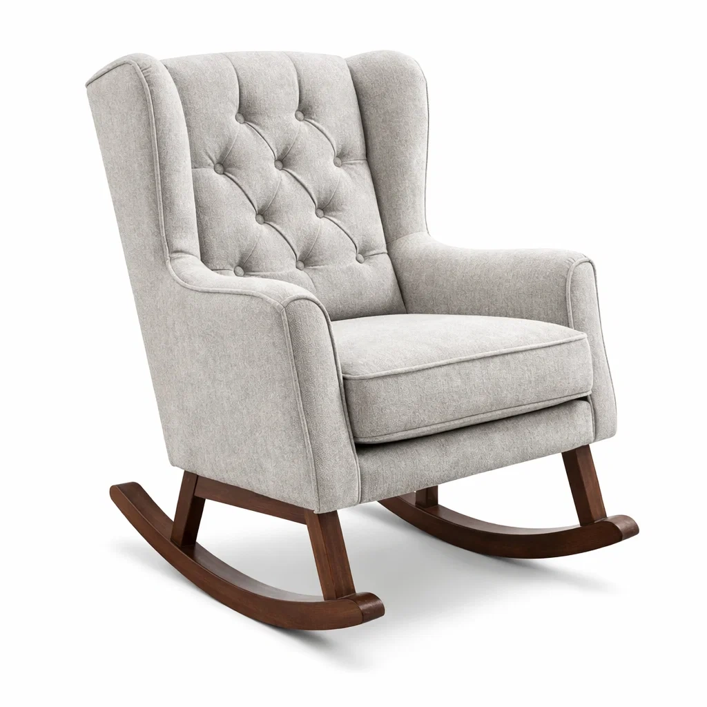 Schaukelstuhl aus Holzrahmen mit Stoff Hellgrau-NESTAROMA