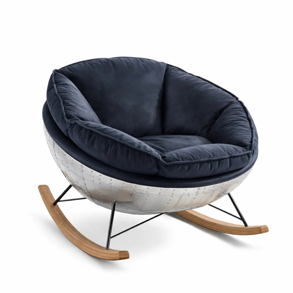Schaukelstuhl aus Metall und Holz Dunkelblau mit Samtpolsterung-NESTAROMA