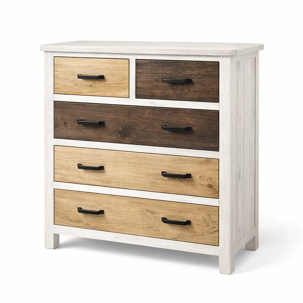 Schubladenschrank aus Massivholz Creme und Braun mit fünf Schubladen-NESTAROMA