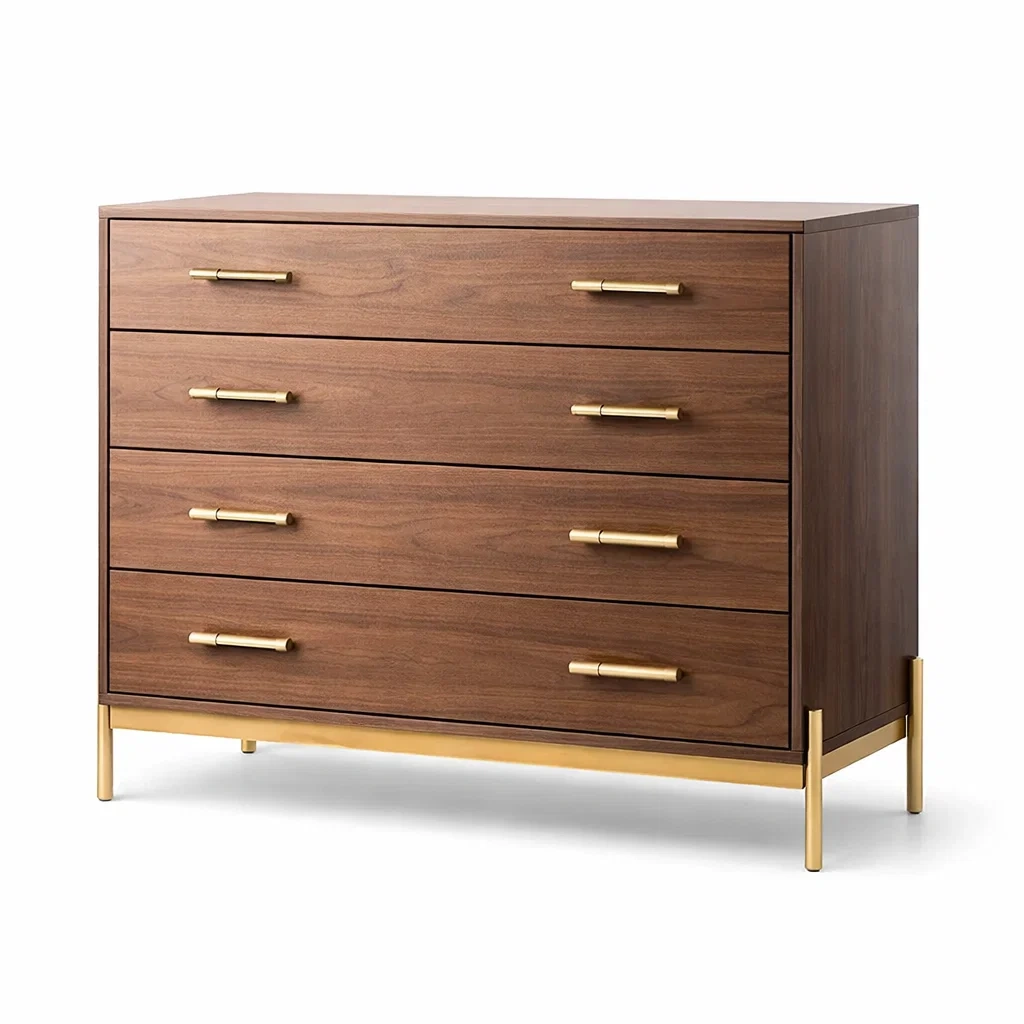 Schubladenschrank aus Holzfurnier Braun mit vier Schubladen und Messinggriffen-NESTAROMA