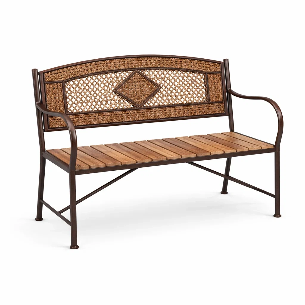 Gartenbank Holz mit Metallrahmen und Rattanrückenlehne Braun-NESTAROMA