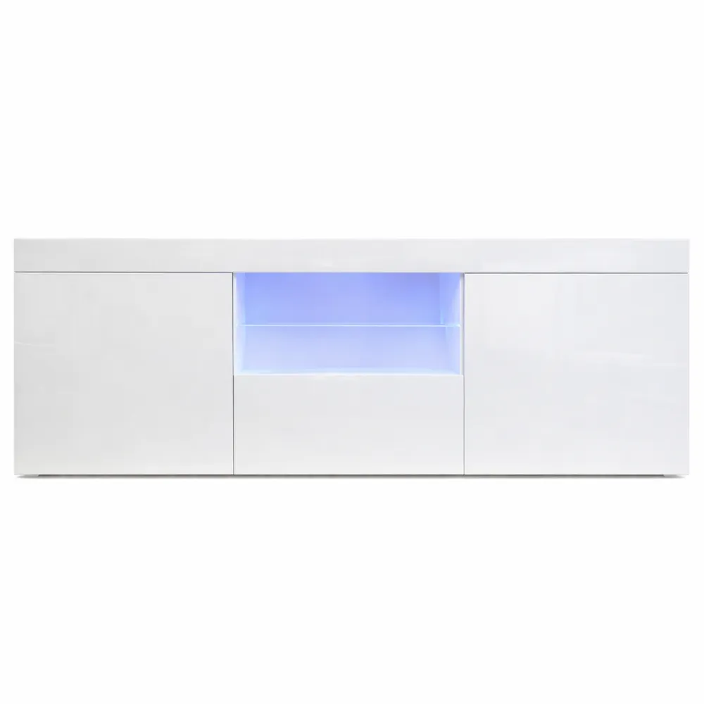 Élégant Meuble TV LED avec Rangements - Blanc Brillant