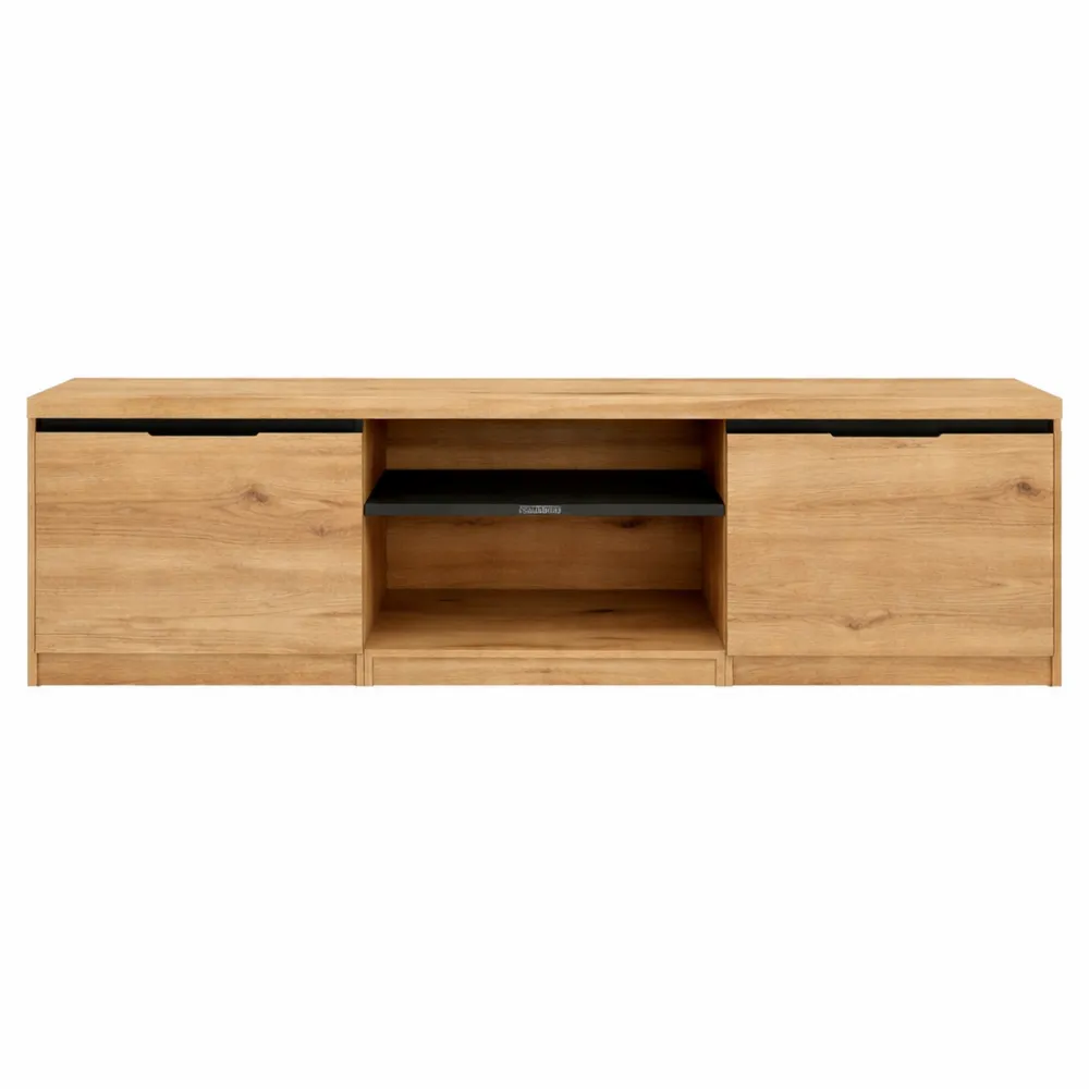 Meuble TV chêne et noir avec étagères et rangements 160 x 40 x 41 cm